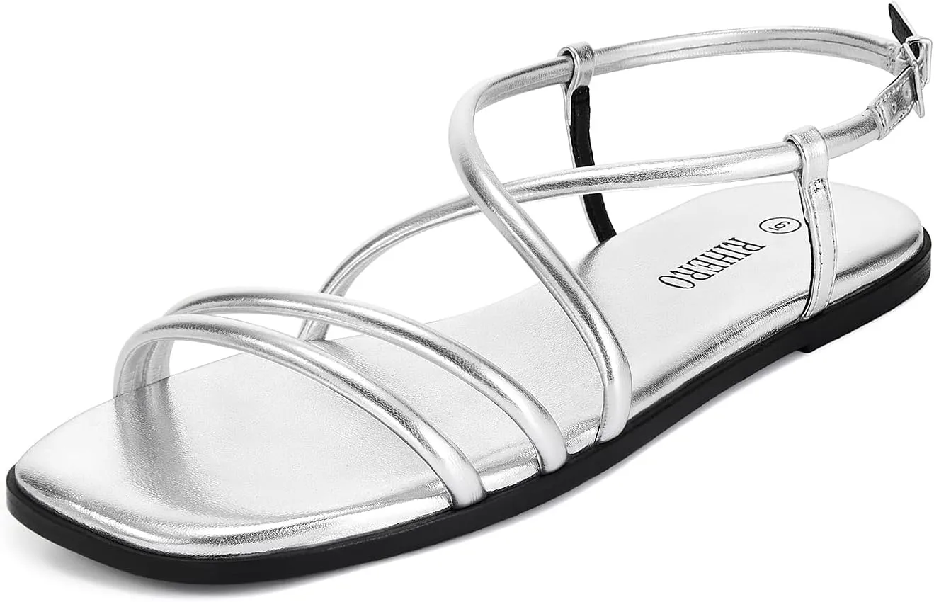 Rihero Women's Strappy Flat Sandals Summer Lace Up Open Toe Comfortable Slip-On Ankle Strap Sandals