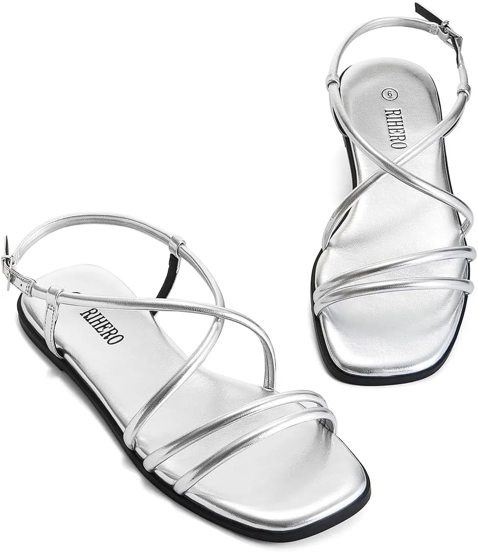Rihero Women's Strappy Flat Sandals Summer Lace Up Open Toe Comfortable Slip-On Ankle Strap Sandals