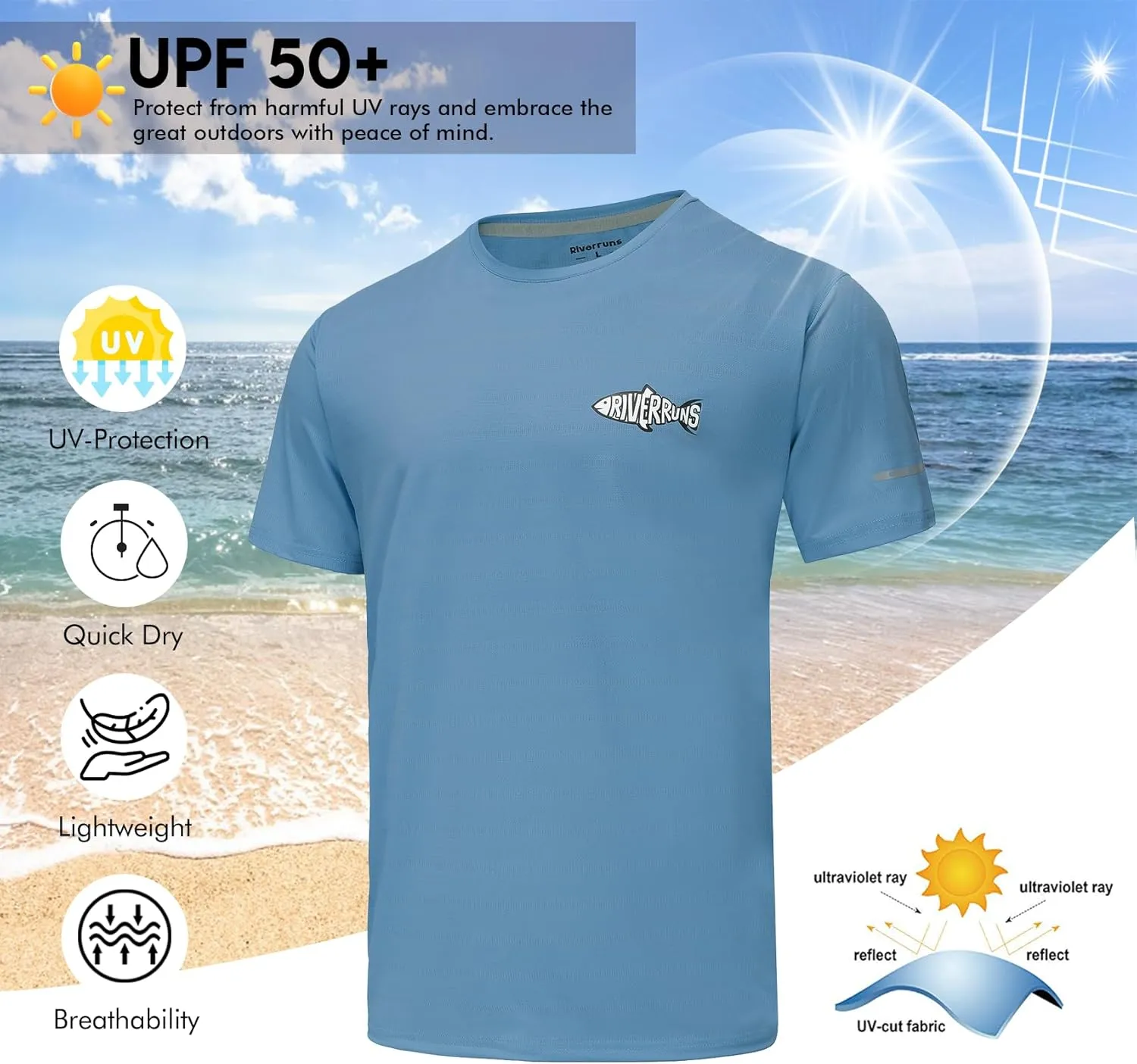 Riverruns UPF 50  UV Sun Protection Fishing Shirt Breathable Quick Dry Swim Shirt Rash Guard Water Beach T-Shirt for Men
