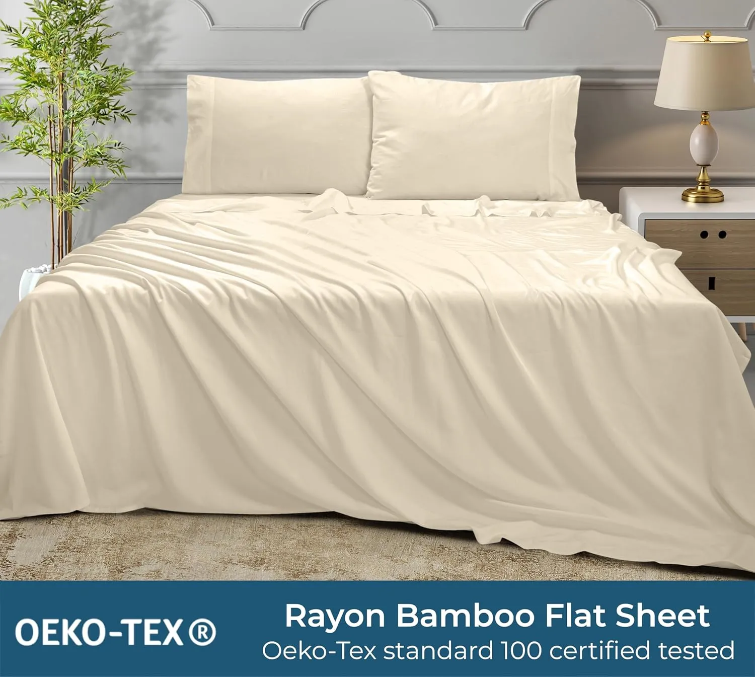 Royale Linens Bamboo Viscose Twin Flat Sheets Only - Cooling Sheets - Organic Viscose Derived from Bamboo - Twin Size Flat Sheet Only - Top Sheet - Breathable & Silky Bedding (Sand)