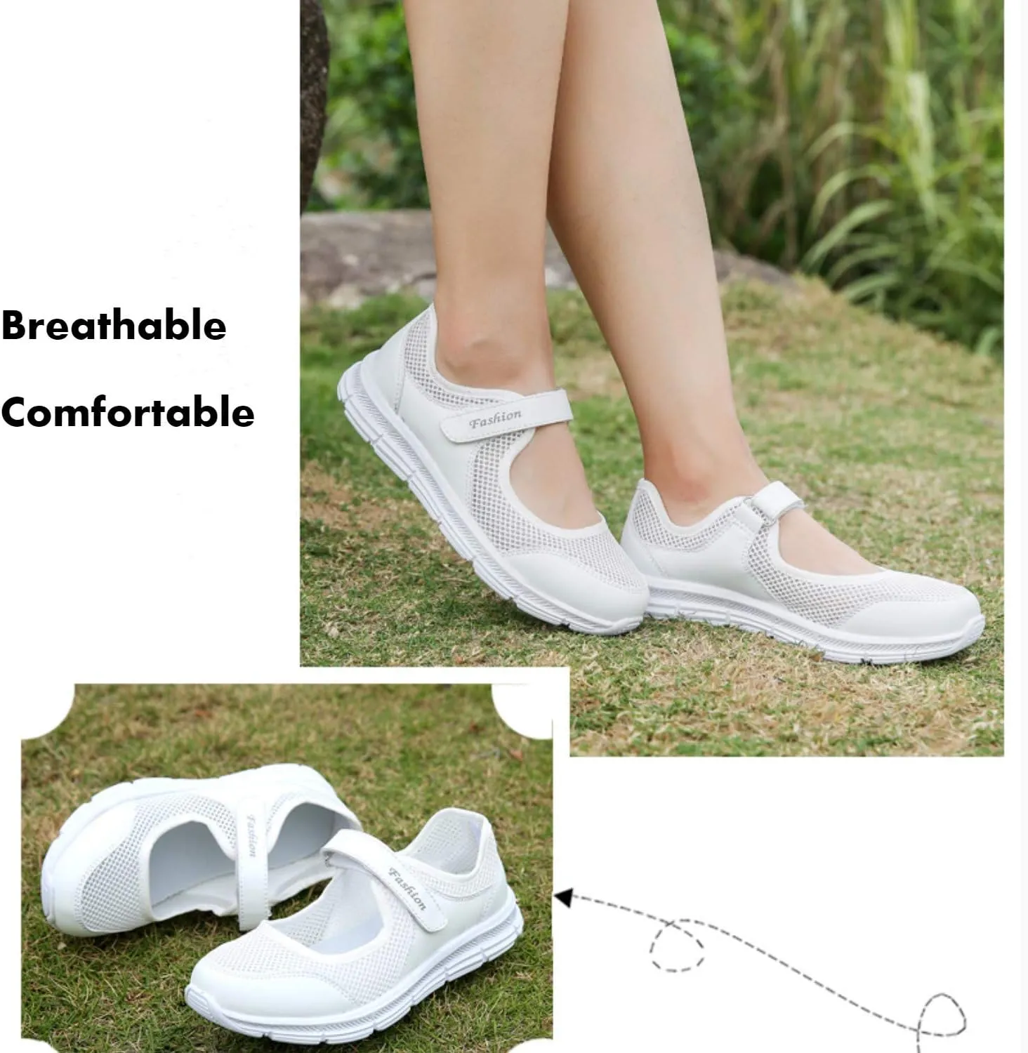 SAGUARO Women's Breathable Walking Shoes Ladies Fashion Mary Jane Sneakers Adjustable Working Nurse Shoes Lightweight Flats Roll I