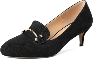 SAMMITOP Womens Kitten Heel Pumps Closed Round Toe Low Heel Slip On Loafer Pumps with Metal Chain Buckle Comfort Dress Work Shoes 2 Inch