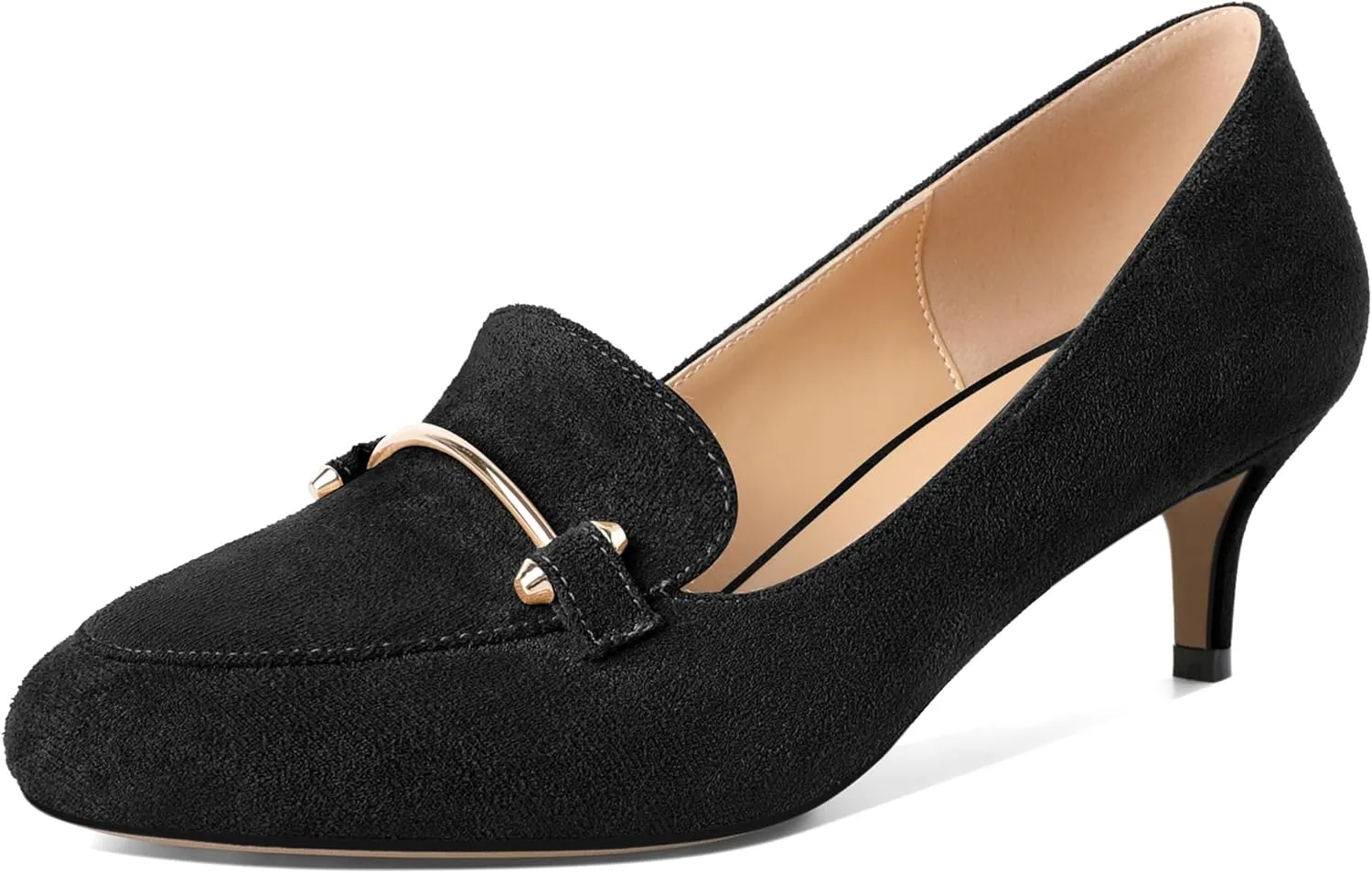 SAMMITOP Womens Kitten Heel Pumps Closed Round Toe Low Heel Slip On Loafer Pumps with Metal Chain Buckle Comfort Dress Work Shoes 2 Inch