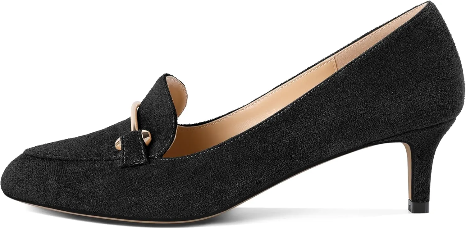 SAMMITOP Womens Kitten Heel Pumps Closed Round Toe Low Heel Slip On Loafer Pumps with Metal Chain Buckle Comfort Dress Work Shoes 2 Inch