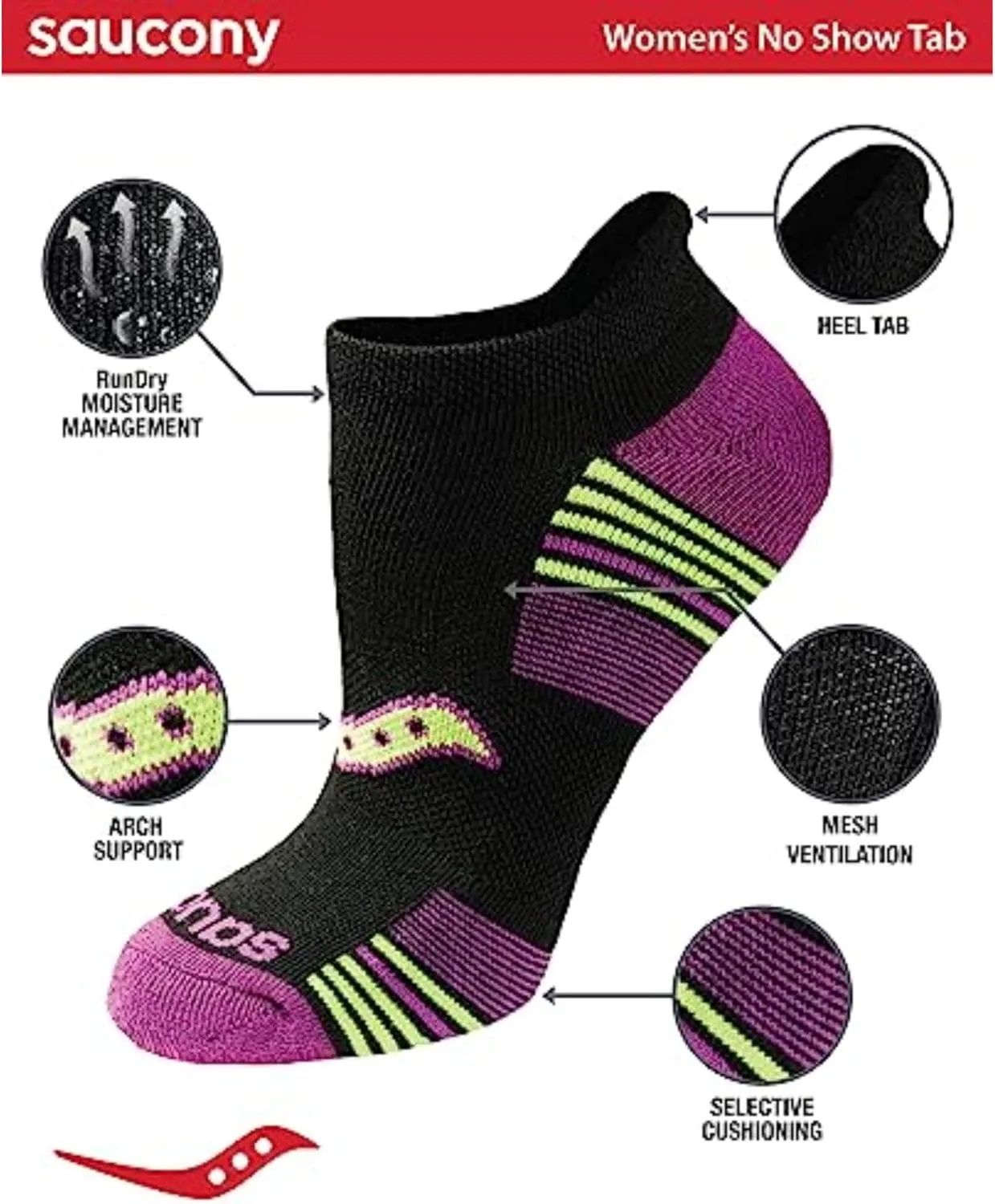 Saucony Women's Rundry Performance Heel Tab Athletic Socks, Available in S-l (8, 16, 24 Pairs)