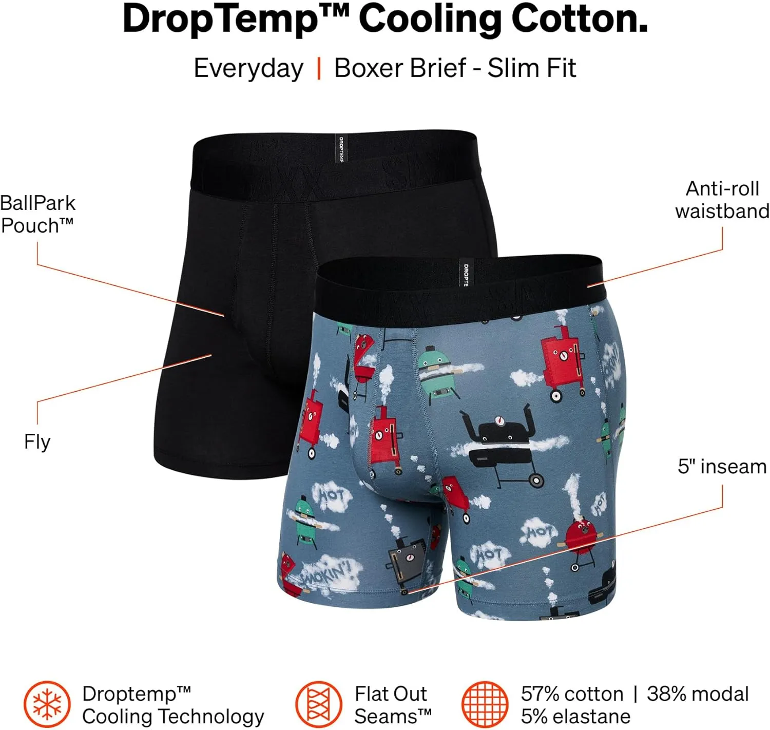 SAXX Underwear Co. Droptemp Cooling Cotton Boxer Brief Fly 2pk, Fashion