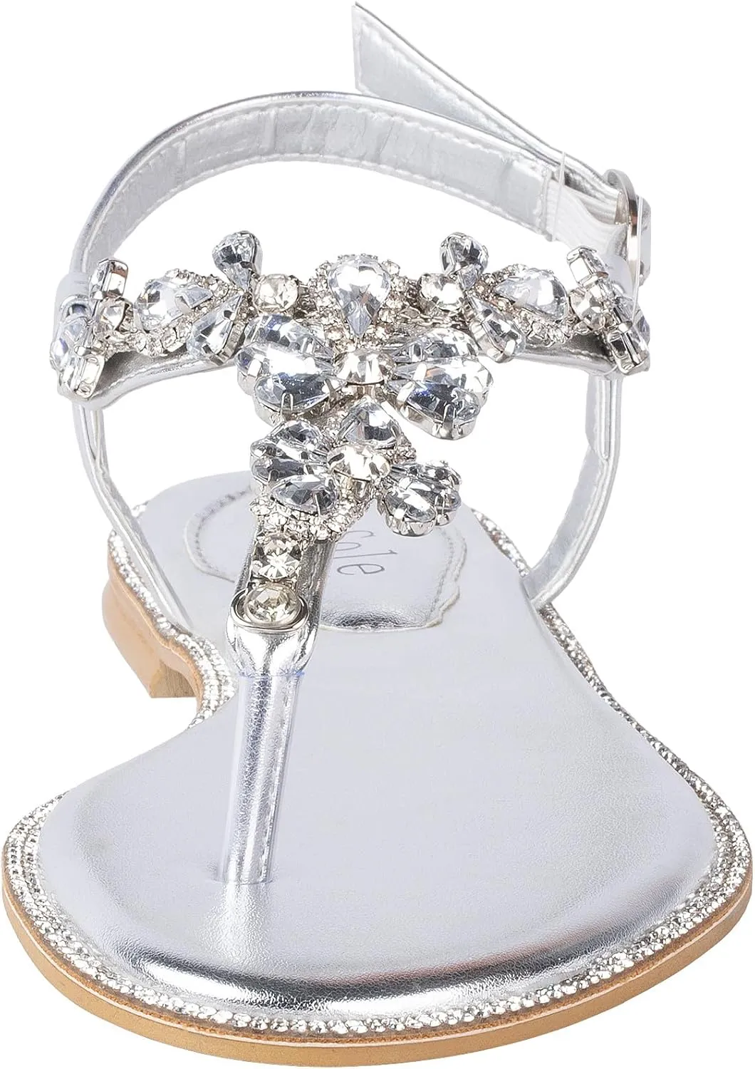 SheSole Women's Sparkly Rhinestone T-Strap Silver Flat Sandals Dressy Thong Beach Wedding Shoes