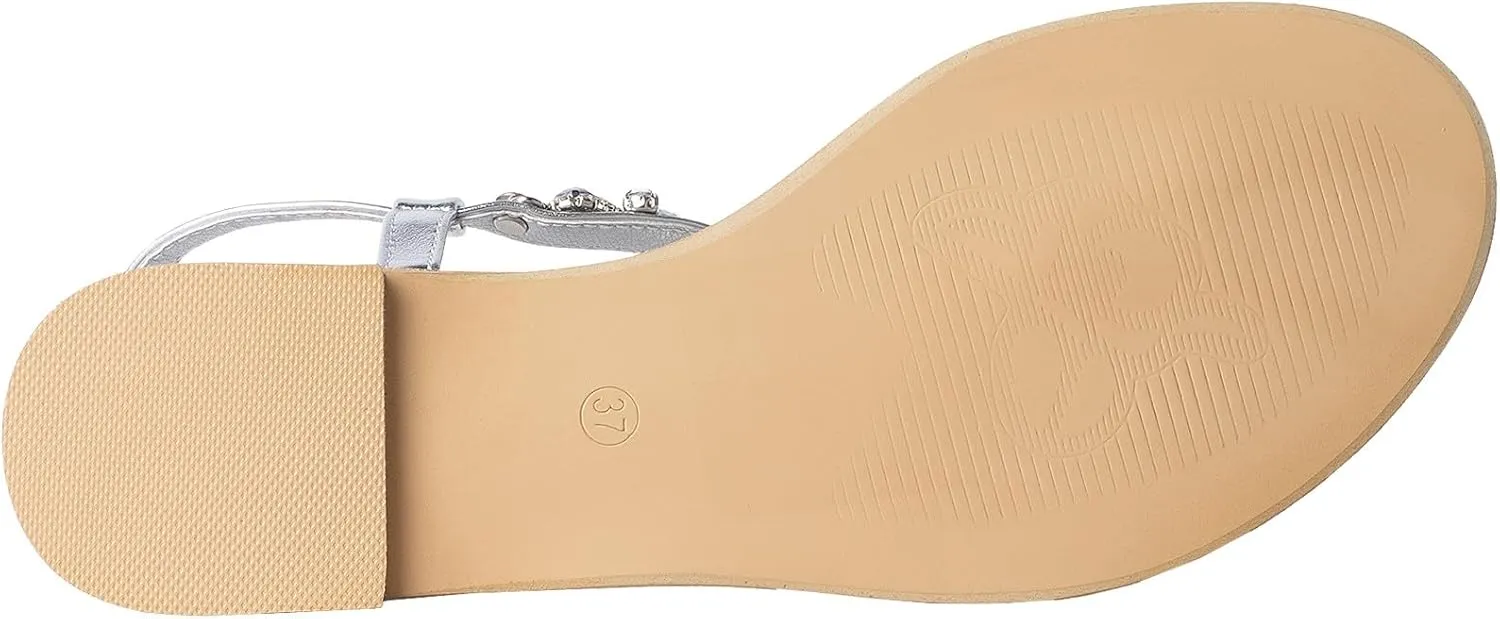 SheSole Women's Sparkly Rhinestone T-Strap Silver Flat Sandals Dressy Thong Beach Wedding Shoes