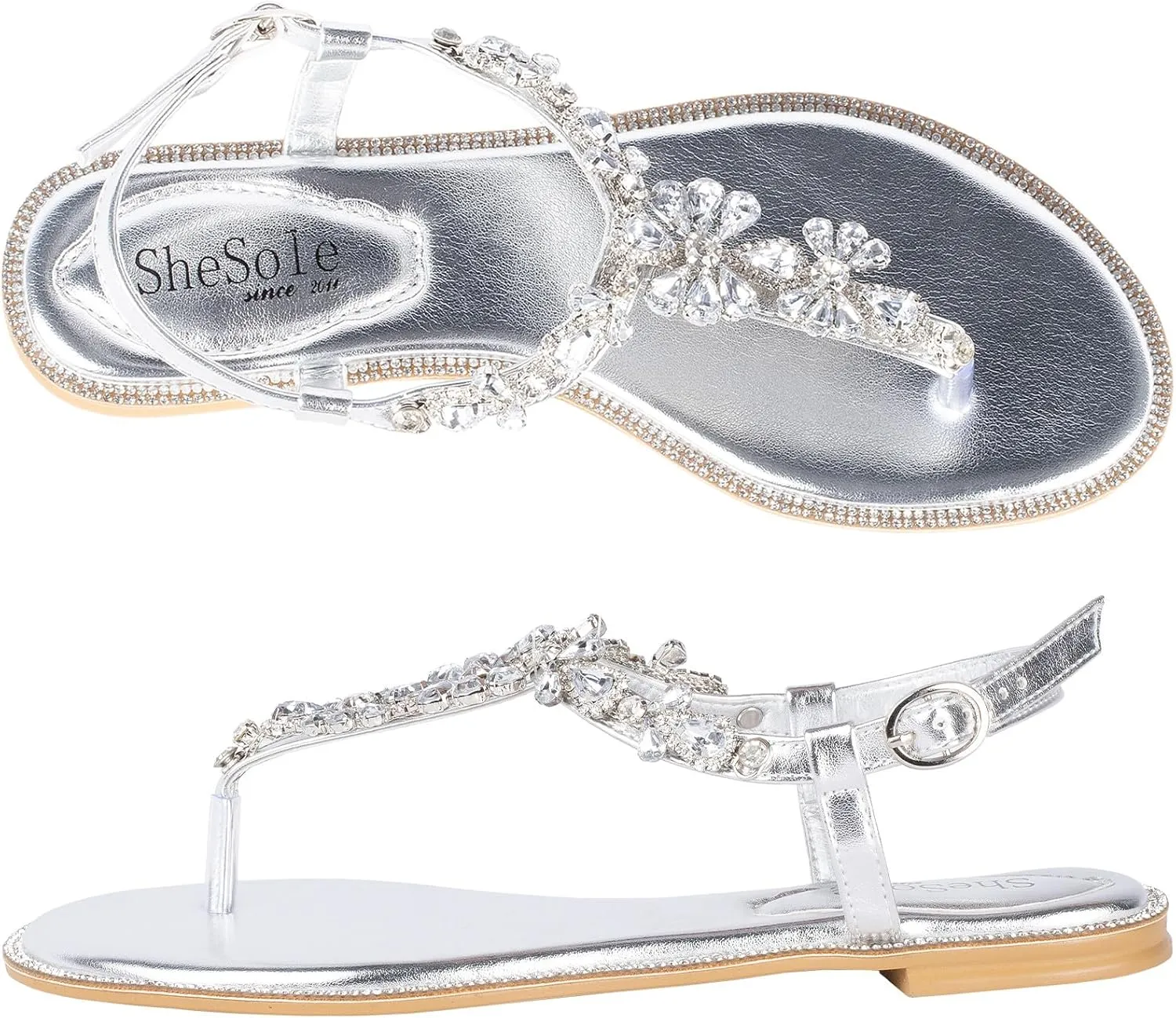 SheSole Women's Sparkly Rhinestone T-Strap Silver Flat Sandals Dressy Thong Beach Wedding Shoes