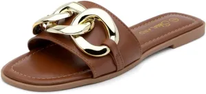 Shoe Land Women's Flat Sandals - Square Open Toe Single Band Fashion Slides with Metal Chain Dressy 2025 Trendy | Comfortable Slippers with Cushioned Footbed for Summer