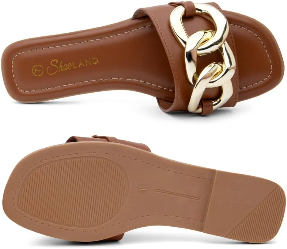 Shoe Land Women's Flat Sandals - Square Open Toe Single Band Fashion Slides with Metal Chain Dressy 2025 Trendy | Comfortable Slippers with Cushioned Footbed for Summer