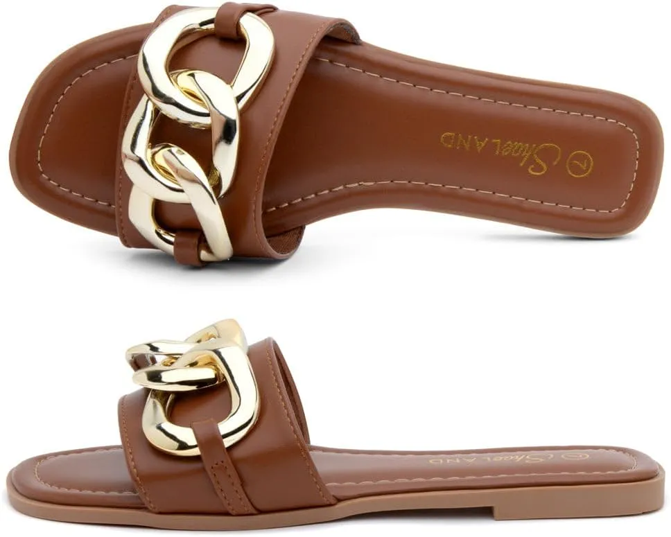 Shoe Land Women's Flat Sandals - Square Open Toe Single Band Fashion Slides with Metal Chain Dressy 2025 Trendy | Comfortable Slippers with Cushioned Footbed for Summer