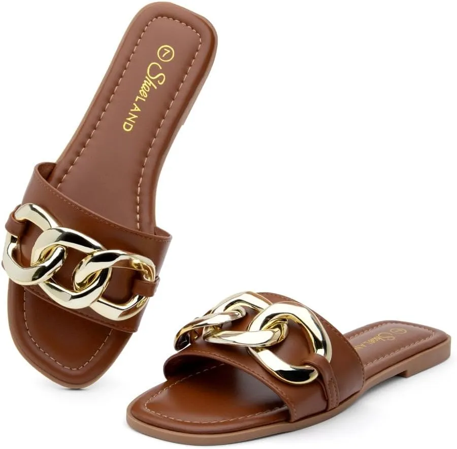 Shoe Land Women's Flat Sandals - Square Open Toe Single Band Fashion Slides with Metal Chain Dressy 2025 Trendy | Comfortable Slippers with Cushioned Footbed for Summer