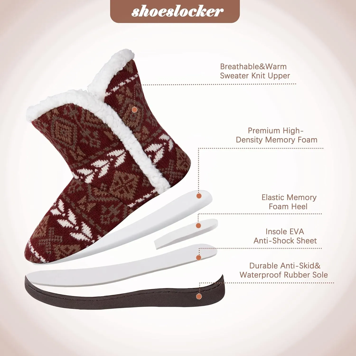 shoeslocker Womens Slipper Booties Warm Knitted Ankle Fuzzy Slippers for Women House Shoes