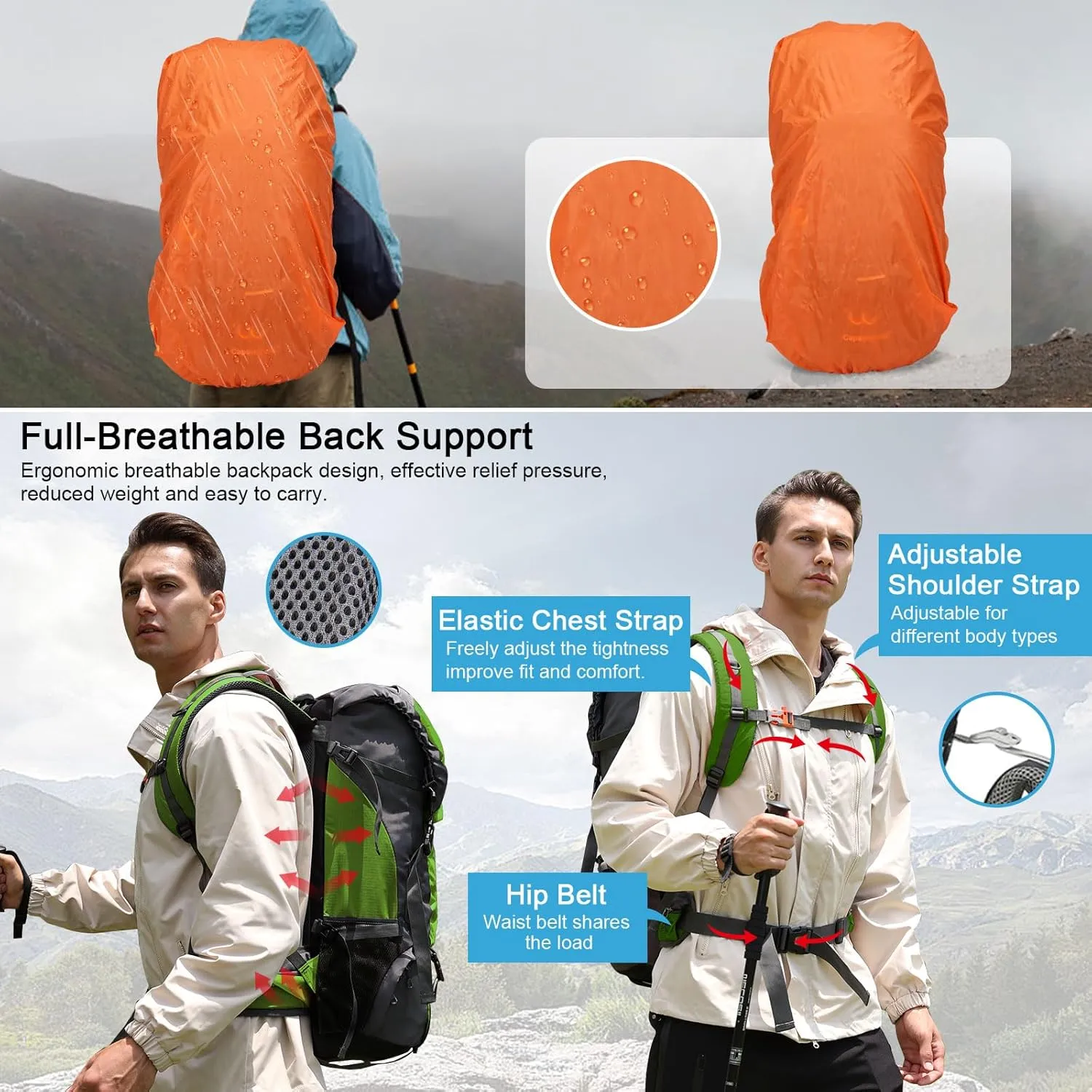 ShowyLive 70L Large Lightweight Waterproof Packable Foldable Travel Camping Hiking Outdoor Sports Backpack Daypack for Men Women, 900D Hiking Bag with Rain Cover, Grass Green