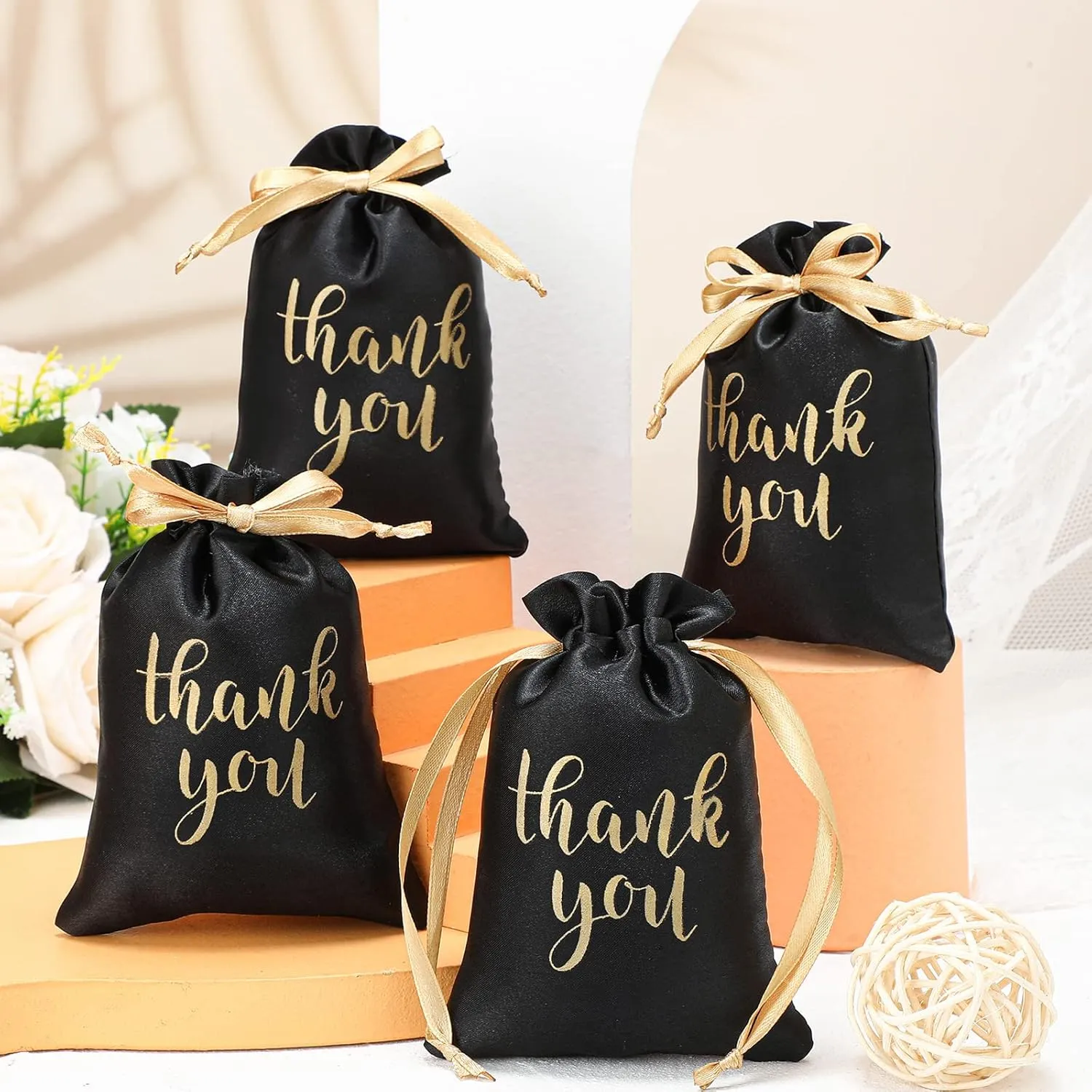 Sieral 50 Pcs Thank You Satin Gift Bags with Drawstring Jewelry Candy Bags for Wedding Bridal Shower Gift Wrap Bags for Birthday Party Anniversary Favor(Black, Gold,4 x 6 Inch)