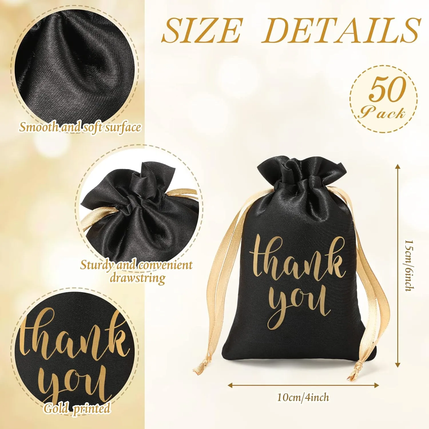 Sieral 50 Pcs Thank You Satin Gift Bags with Drawstring Jewelry Candy Bags for Wedding Bridal Shower Gift Wrap Bags for Birthday Party Anniversary Favor(Black, Gold,4 x 6 Inch)
