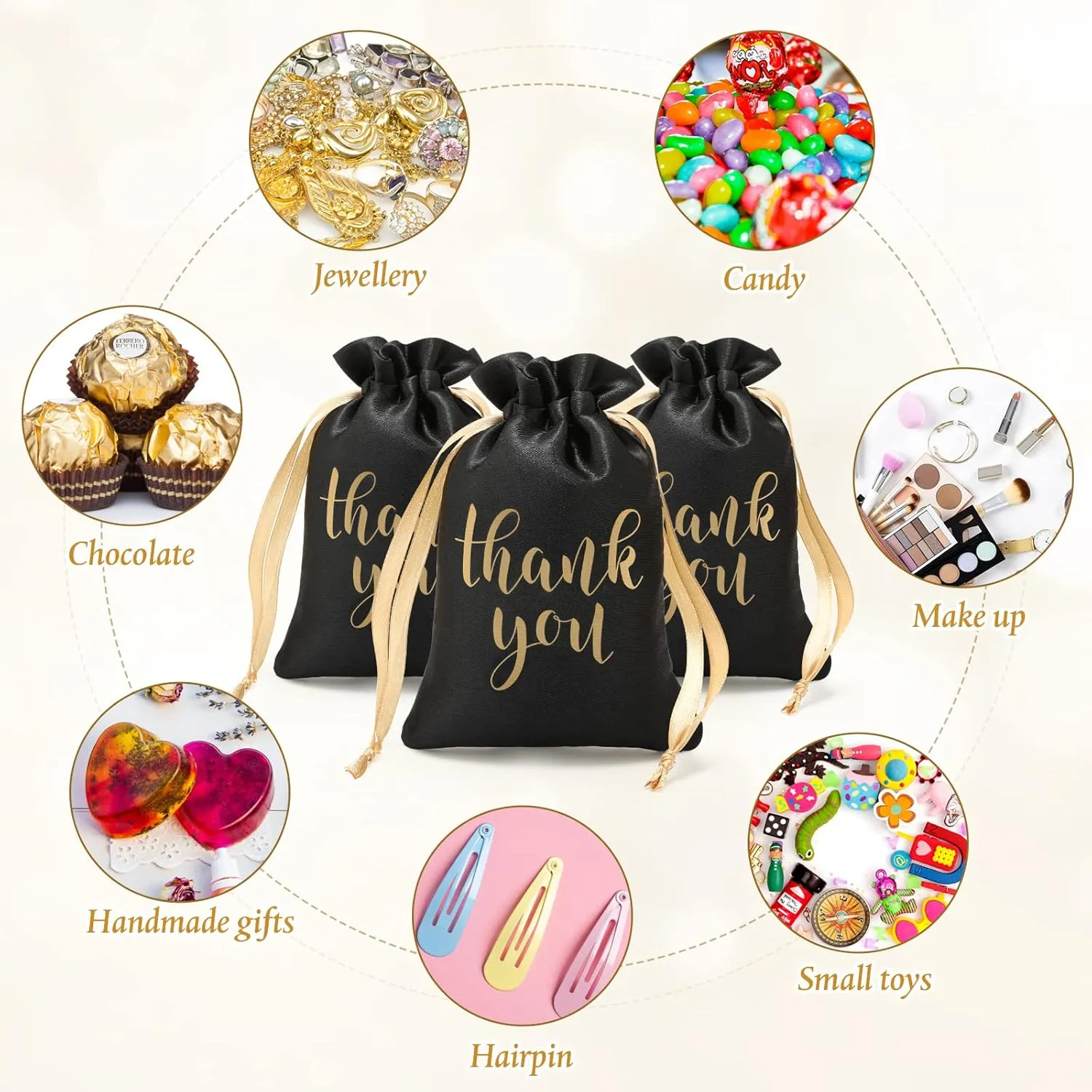 Sieral 50 Pcs Thank You Satin Gift Bags with Drawstring Jewelry Candy Bags for Wedding Bridal Shower Gift Wrap Bags for Birthday Party Anniversary Favor(Black, Gold,4 x 6 Inch)