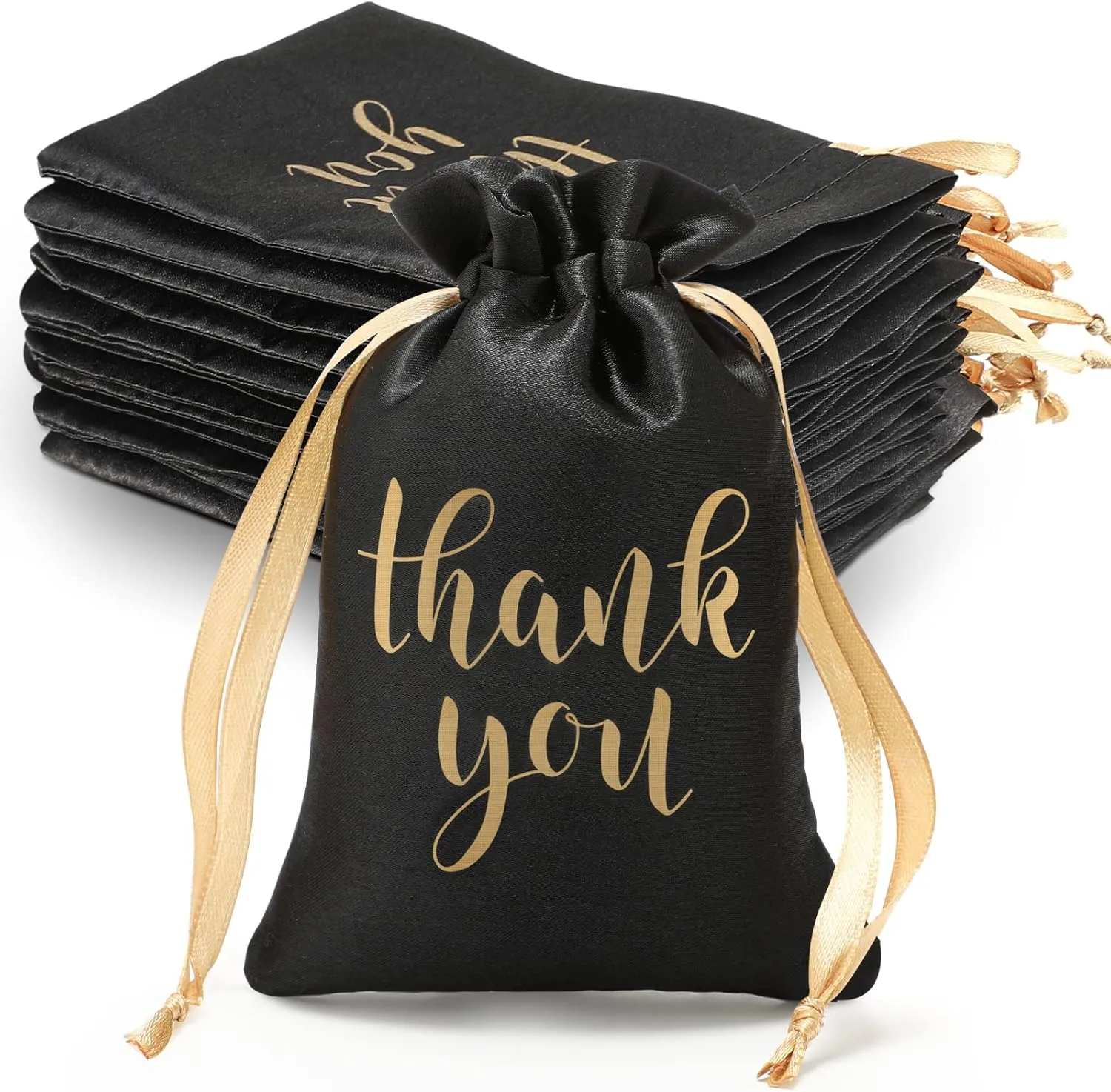 Sieral 50 Pcs Thank You Satin Gift Bags with Drawstring Jewelry Candy Bags for Wedding Bridal Shower Gift Wrap Bags for Birthday Party Anniversary Favor(Black, Gold,4 x 6 Inch)