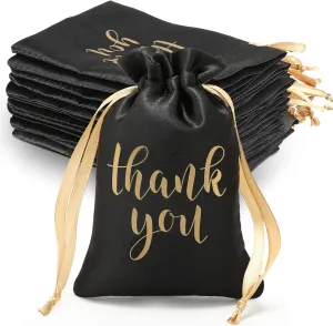 Sieral 50 Pcs Thank You Satin Gift Bags with Drawstring Jewelry Candy Bags for Wedding Bridal Shower Gift Wrap Bags for Birthday Party Anniversary Favor(Black, Gold,4 x 6 Inch)