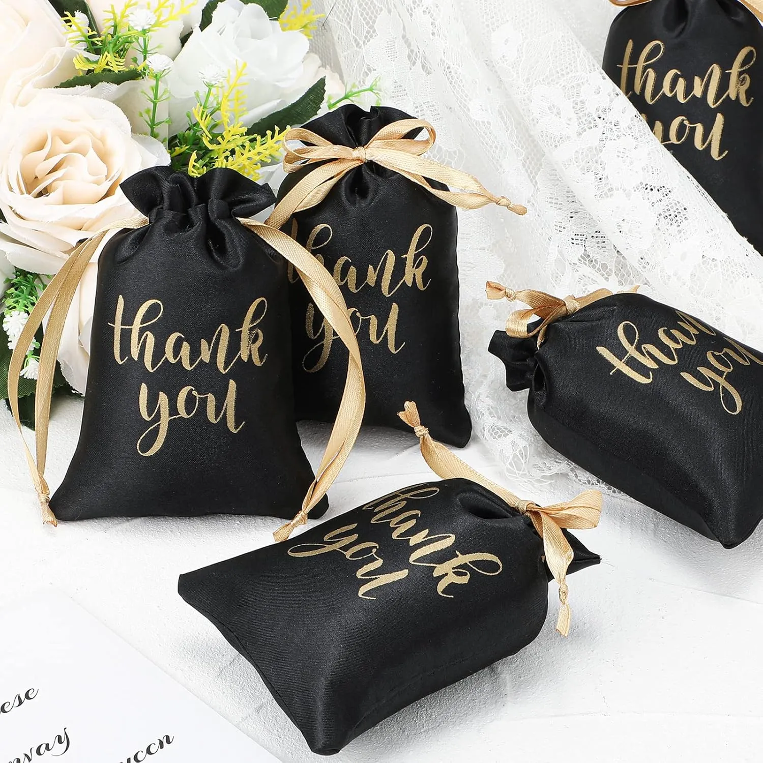 Sieral 50 Pcs Thank You Satin Gift Bags with Drawstring Jewelry Candy Bags for Wedding Bridal Shower Gift Wrap Bags for Birthday Party Anniversary Favor(Black, Gold,4 x 6 Inch)