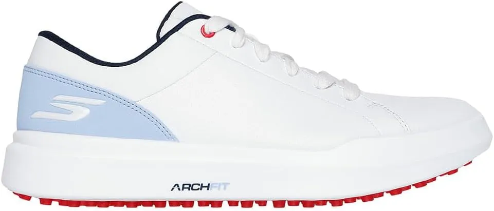 Skechers Golf Women's Drive 6 Arch Leather Relaxed Fit Waterproof Golf Shoe Sneaker, White/Blue, 7.5