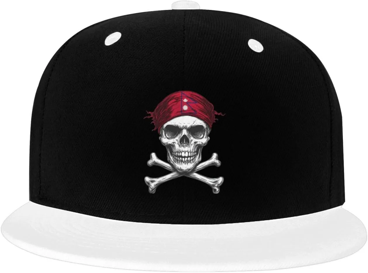 Skull Flag Nepal Color-Block Flat Brim Snapback Cap for Men & Women, Adjustable Hip-Hop Hat White