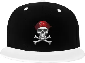 Skull Flag Turkey Color-Block Flat Brim Snapback Cap for Men & Women, Adjustable Hip-Hop Hat White