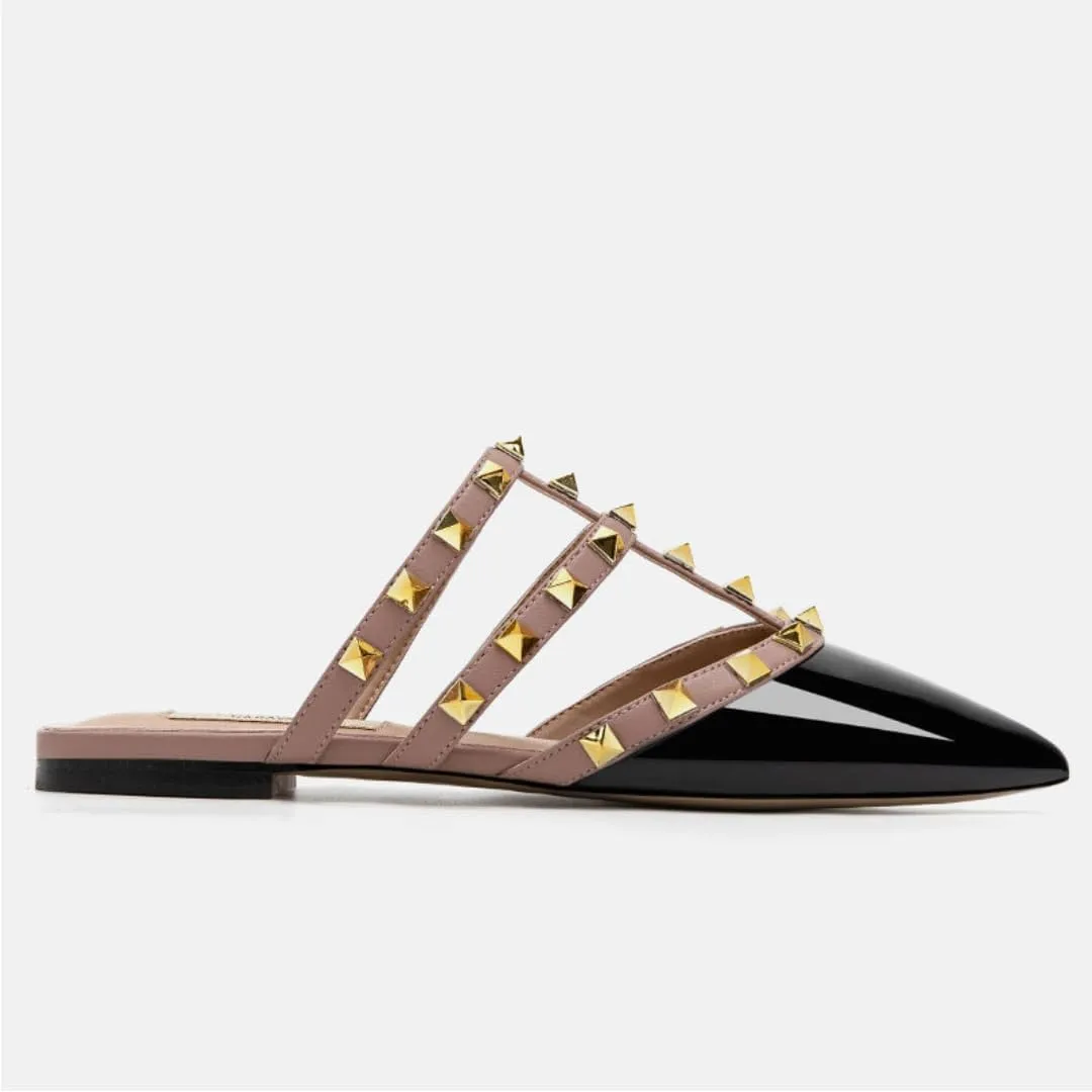 Slip-On Half Slippers for Women,Pointed-Toe,Glossy Patent Leather,Decorative Studs, Breathable Insole,Flat Chunky Heel