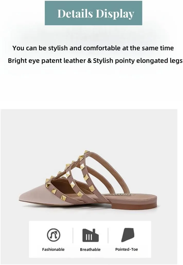 Slip-On Half Slippers for Women,Pointed-Toe,Glossy Patent Leather,Decorative Studs, Breathable Insole,Flat Chunky Heel