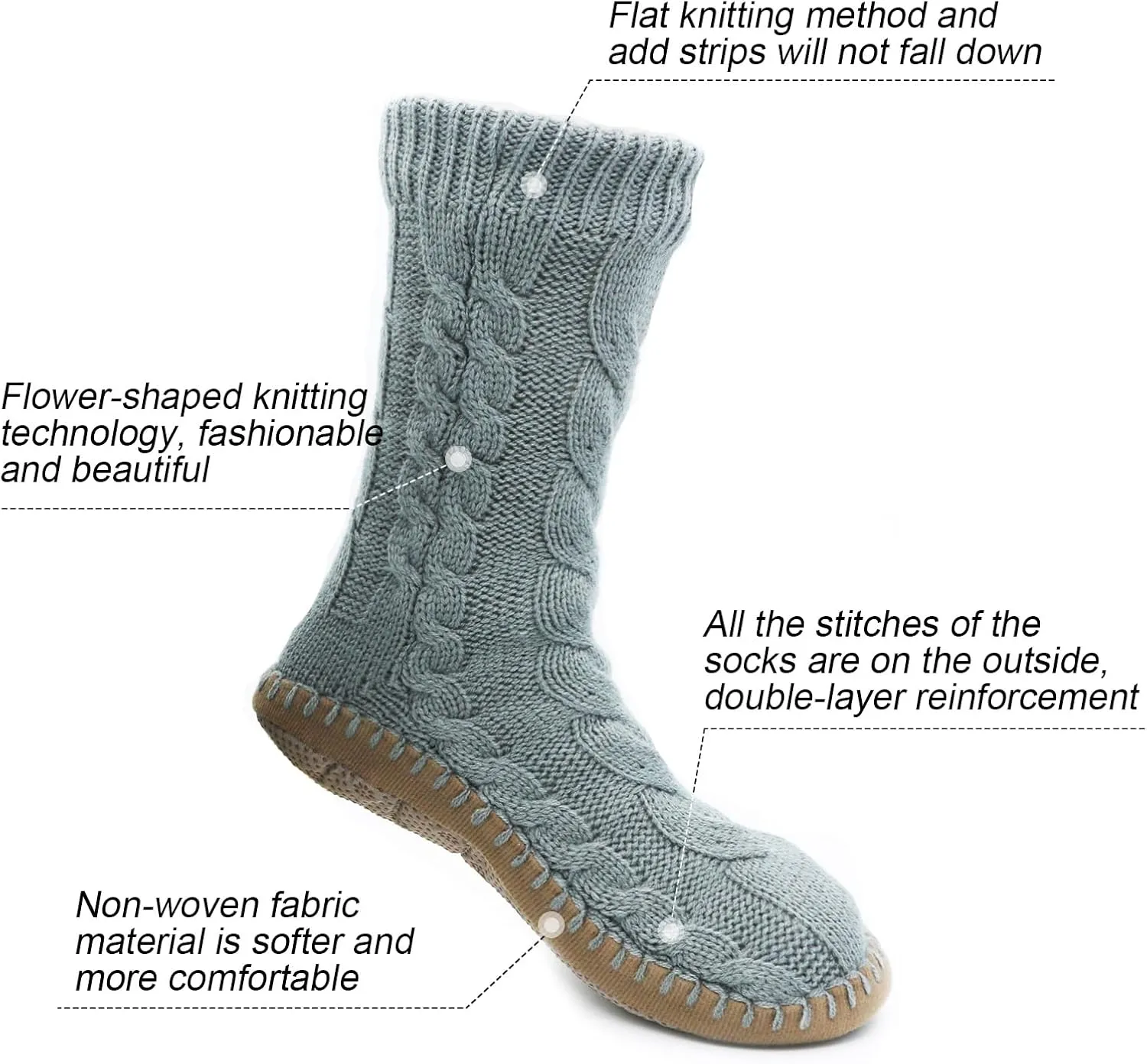 Slipper Socks for Women Grippers, Black Thick Lined Knit Slipper Sock With Sole Non Skid Bottom, Indoor House Fuzzy Slipper Sock for Hospital Floor, Christmas Slipper Socks for Family, Large Size 9-11