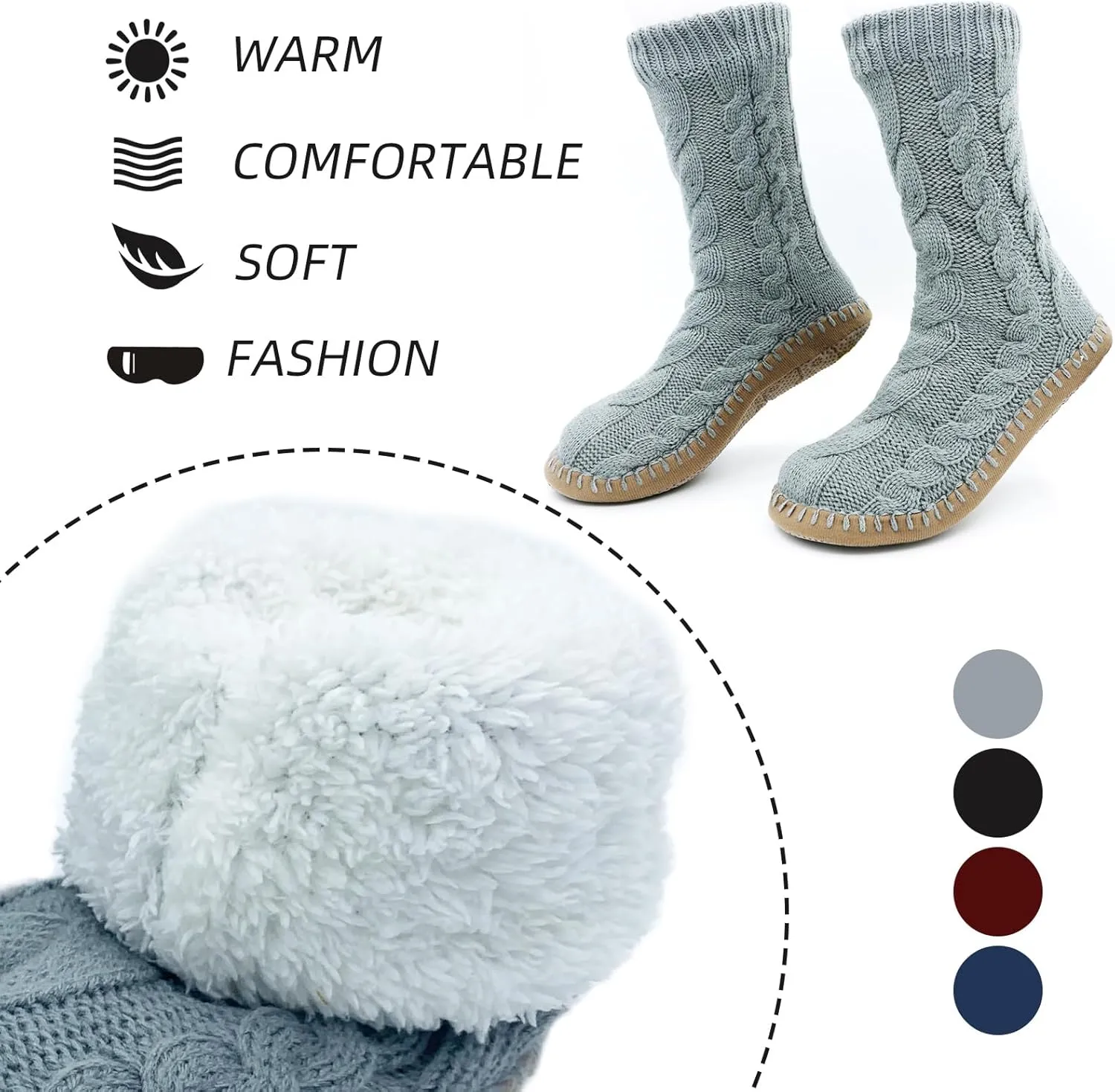 Slipper Socks for Women Grippers, Black Thick Lined Knit Slipper Sock With Sole Non Skid Bottom, Indoor House Fuzzy Slipper Sock for Hospital Floor, Christmas Slipper Socks for Family, Large Size 9-11