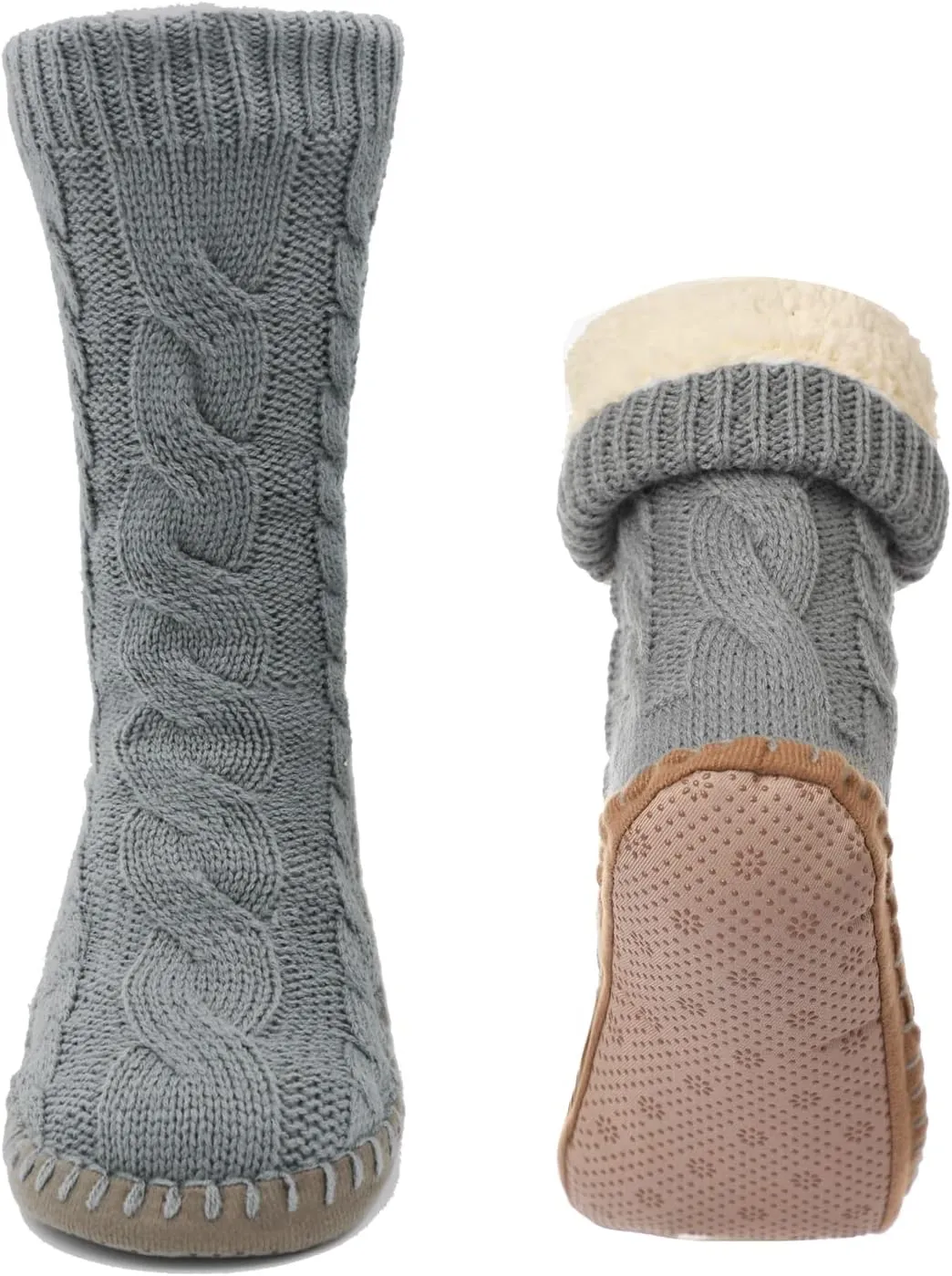 Slipper Socks for Women Grippers, Black Thick Lined Knit Slipper Sock With Sole Non Skid Bottom, Indoor House Fuzzy Slipper Sock for Hospital Floor, Christmas Slipper Socks for Family, Large Size 9-11