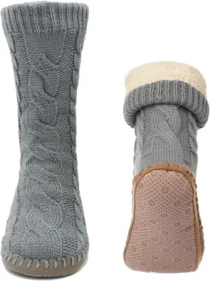 Slipper Socks for Women Grippers, Black Thick Lined Knit Slipper Sock With Sole Non Skid Bottom, Indoor House Fuzzy Slipper Sock for Hospital Floor, Christmas Slipper Socks for Family, Large Size 9-11