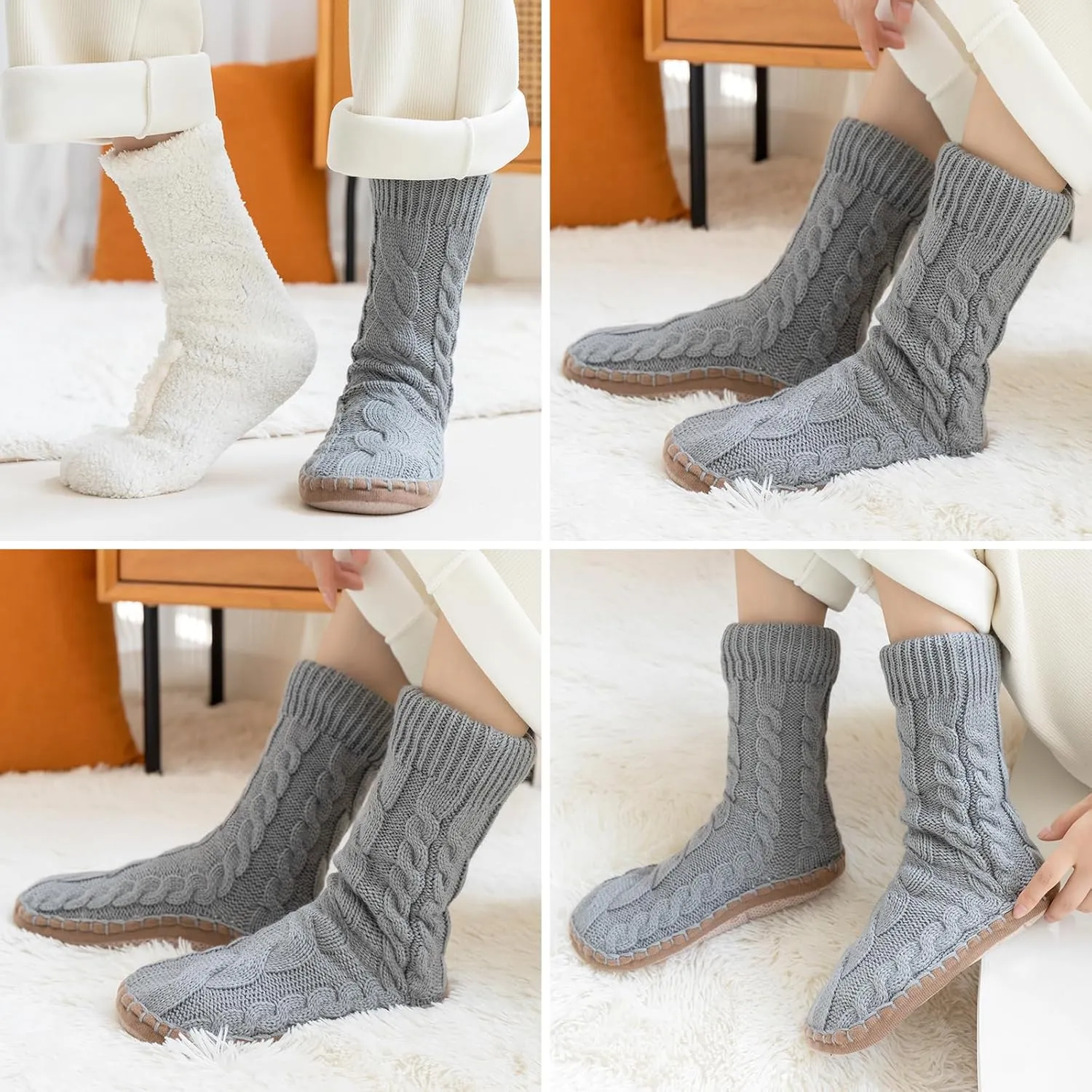 Slipper Socks for Women Grippers, Black Thick Lined Knit Slipper Sock With Sole Non Skid Bottom, Indoor House Fuzzy Slipper Sock for Hospital Floor, Christmas Slipper Socks for Family, Large Size 9-11