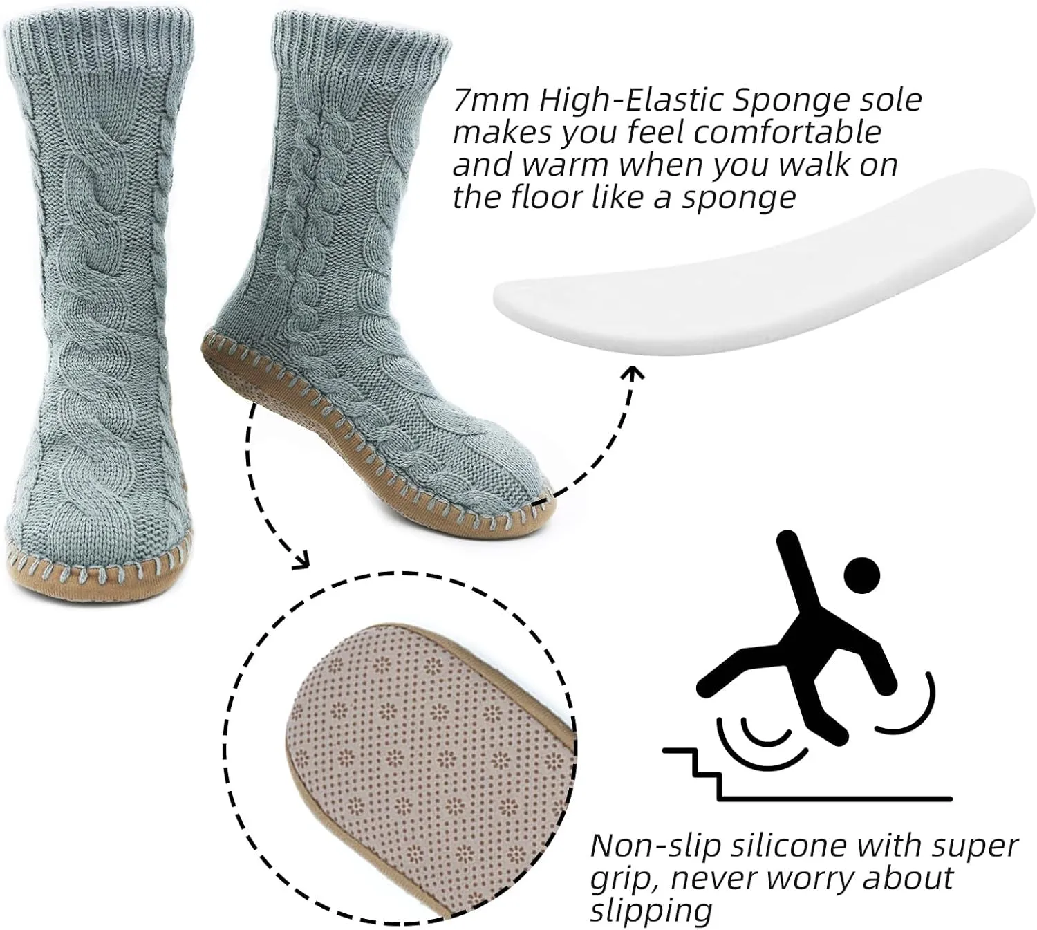Slipper Socks for Women Grippers, Black Thick Lined Knit Slipper Sock With Sole Non Skid Bottom, Indoor House Fuzzy Slipper Sock for Hospital Floor, Christmas Slipper Socks for Family, Large Size 9-11