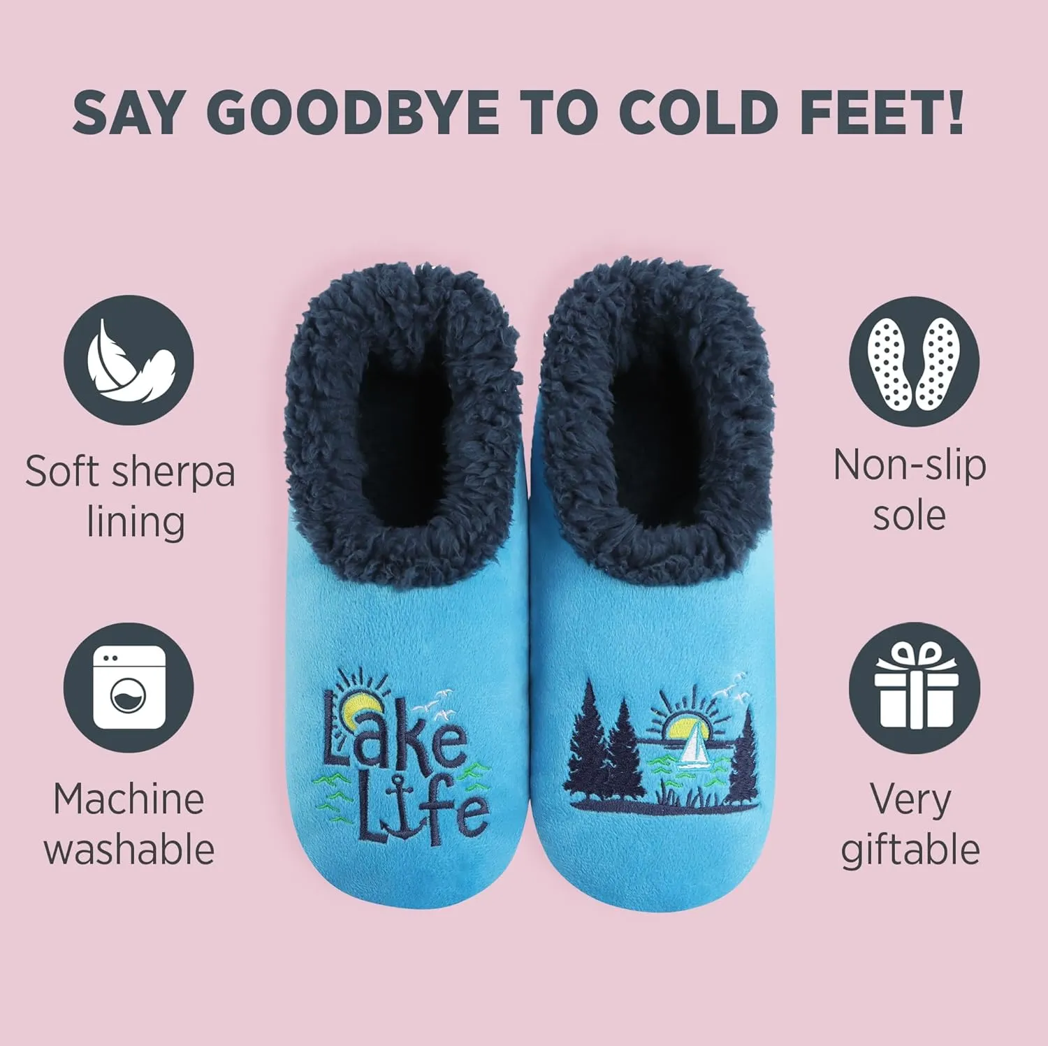 Snoozies Pairable Slipper Socks - Funny House Slippers for Women, Non-Slip Fuzzy Slipper Socks - Happy Camper