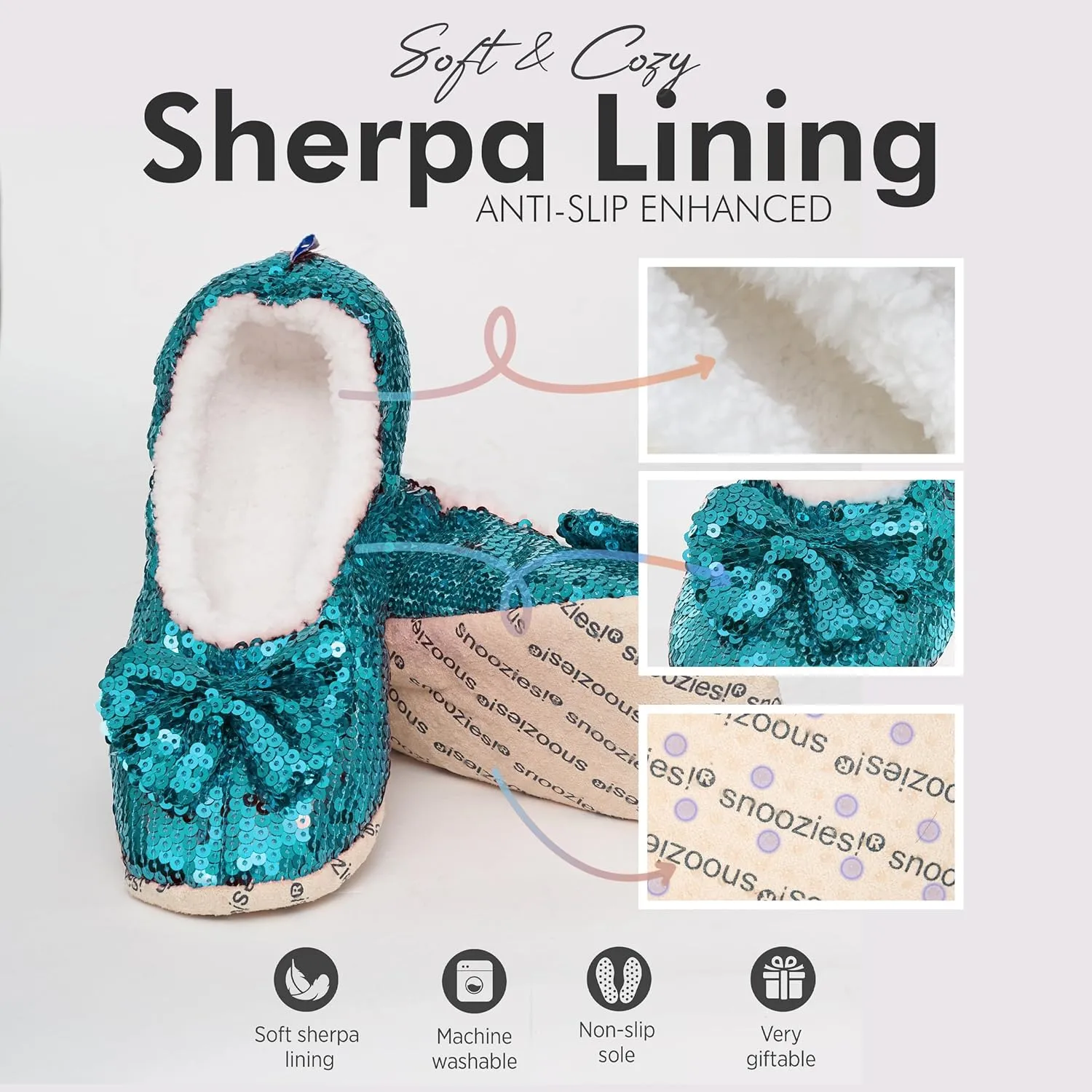 Snoozies Sequin Slippers for Women Indoor with Sherpa Lining, Womens Slipper Socks with Grips