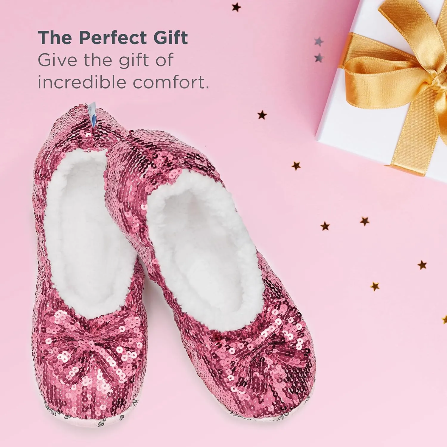 Snoozies Sequin Slippers for Women Indoor with Sherpa Lining, Womens Slipper Socks with Grips