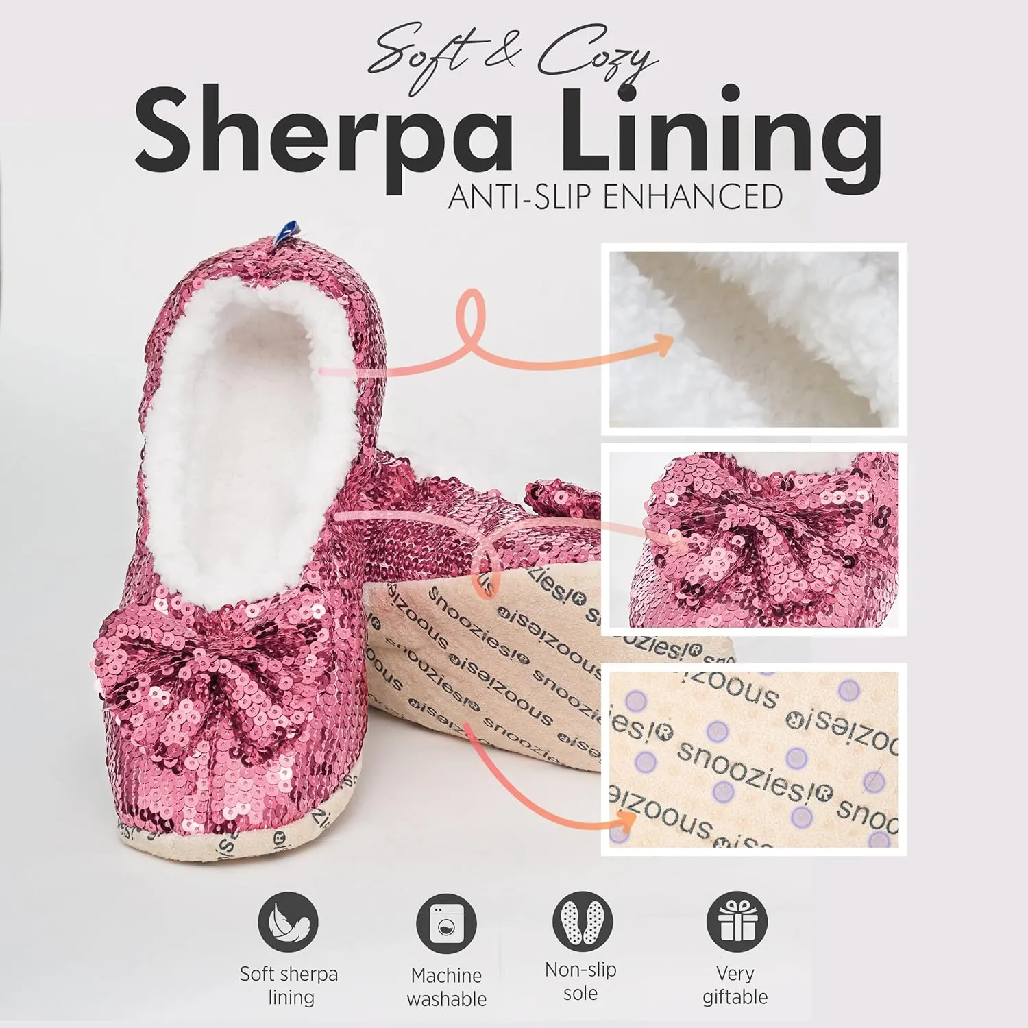 Snoozies Sequin Slippers for Women Indoor with Sherpa Lining, Womens Slipper Socks with Grips