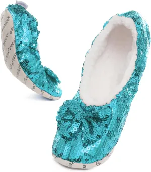 Snoozies Sequin Slippers for Women Indoor with Sherpa Lining, Womens Slipper Socks with Grips
