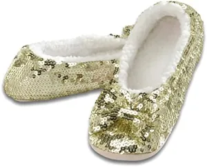 Snoozies Sequin Slippers for Women Indoor with Sherpa Lining, Womens Slipper Socks with Grips
