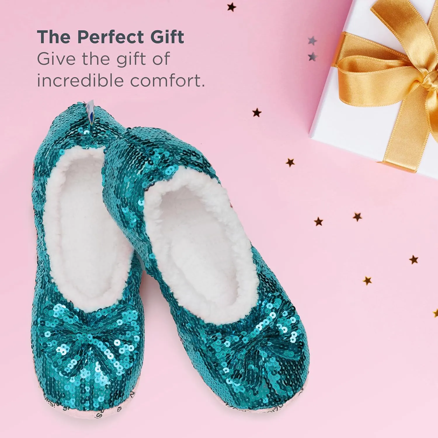 Snoozies Sequin Slippers for Women Indoor with Sherpa Lining, Womens Slipper Socks with Grips