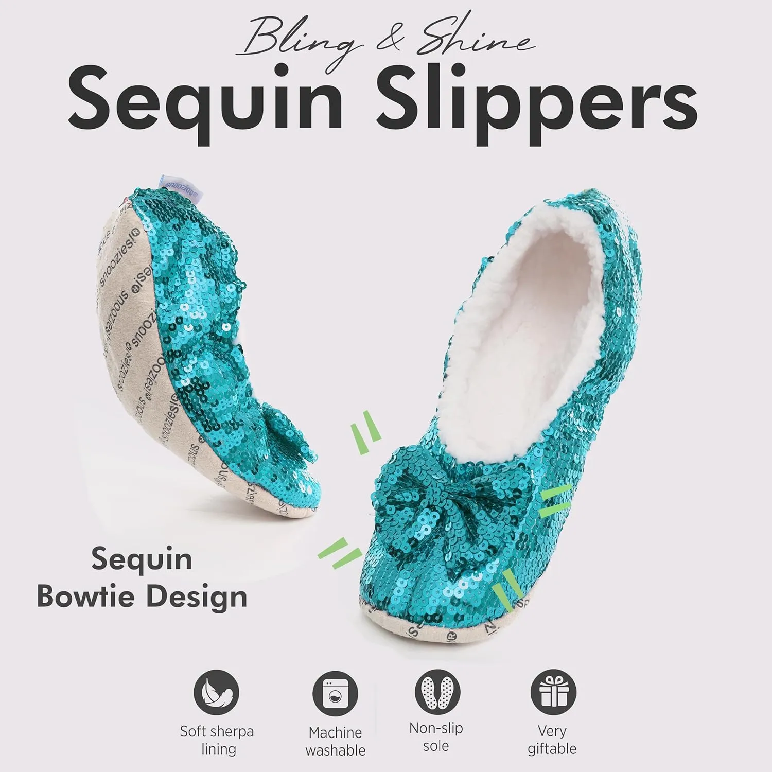 Snoozies Sequin Slippers for Women Indoor with Sherpa Lining, Womens Slipper Socks with Grips