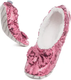 Snoozies Sequin Slippers for Women Indoor with Sherpa Lining, Womens Slipper Socks with Grips
