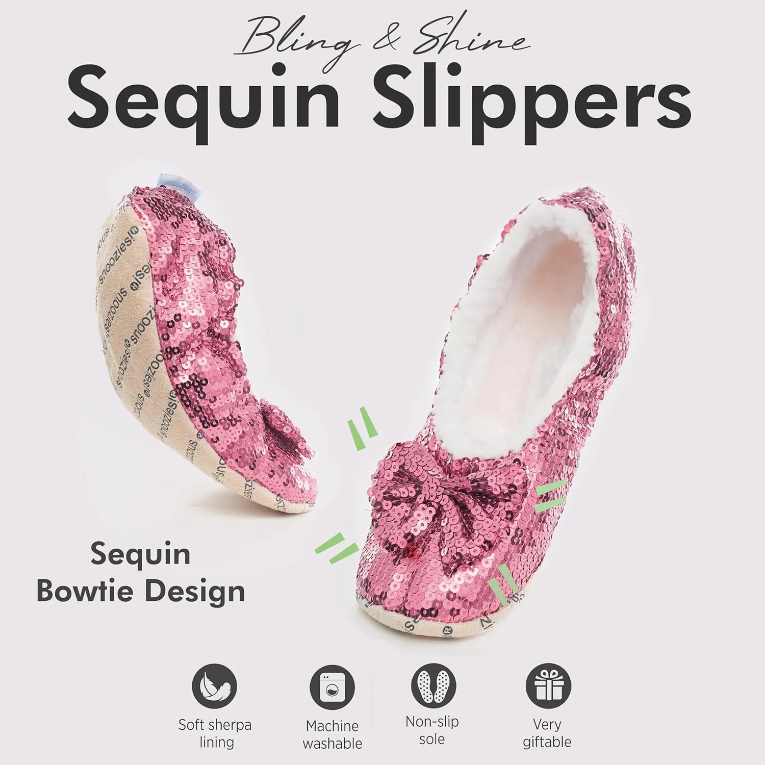 Snoozies Sequin Slippers for Women Indoor with Sherpa Lining, Womens Slipper Socks with Grips