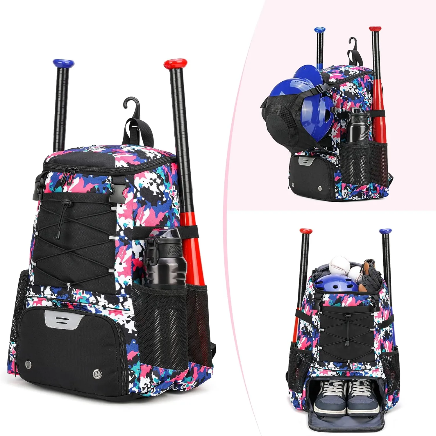 Softball Bag, Baseball Equipment Backpack for Youth Girls Adult, Lightweight With Shoe Compartment, Fence Hook for TBall, Bat, Helmet