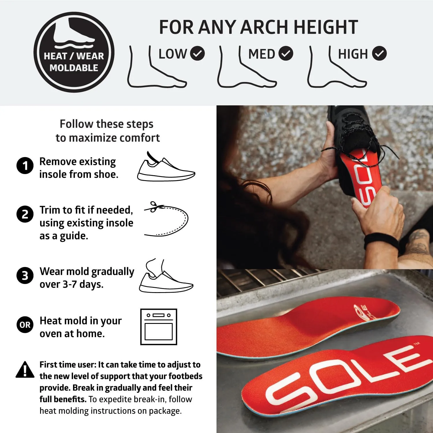 SOLE Active Medium - Plantar Fasciitis Relief Arch Support Insoles - Orthotic Shoe Inserts - Men's Size 10/Women's Size 12
