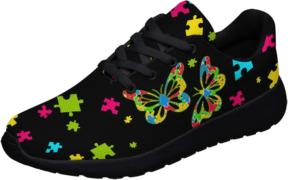 Sonzj-II Autism Shoes Women Men Lightweight Breathable Running Sneaker Autism Awareness Puzzle Pattern Tennis Walking Gym Shoes