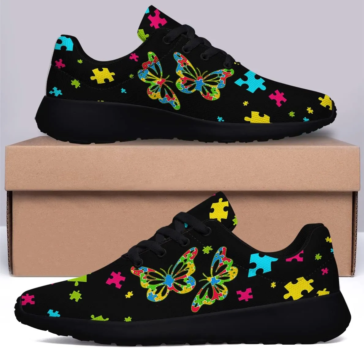 Sonzj-II Autism Shoes Women Men Lightweight Breathable Running Sneaker Autism Awareness Puzzle Pattern Tennis Walking Gym Shoes